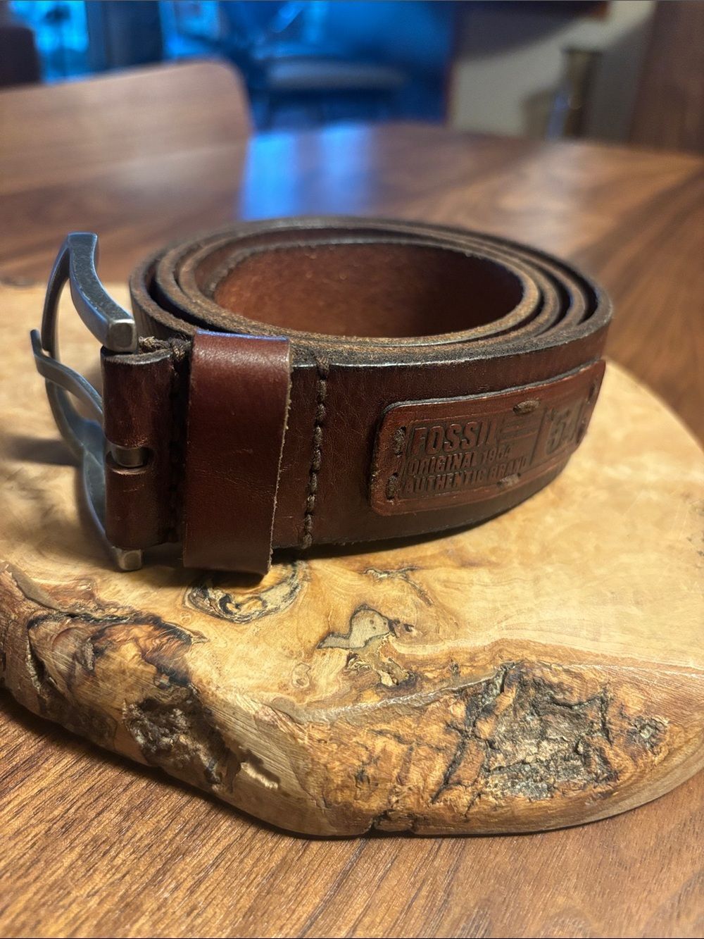Fossil Men's Dark Brown Leather Belt with Metal Buckle - 40